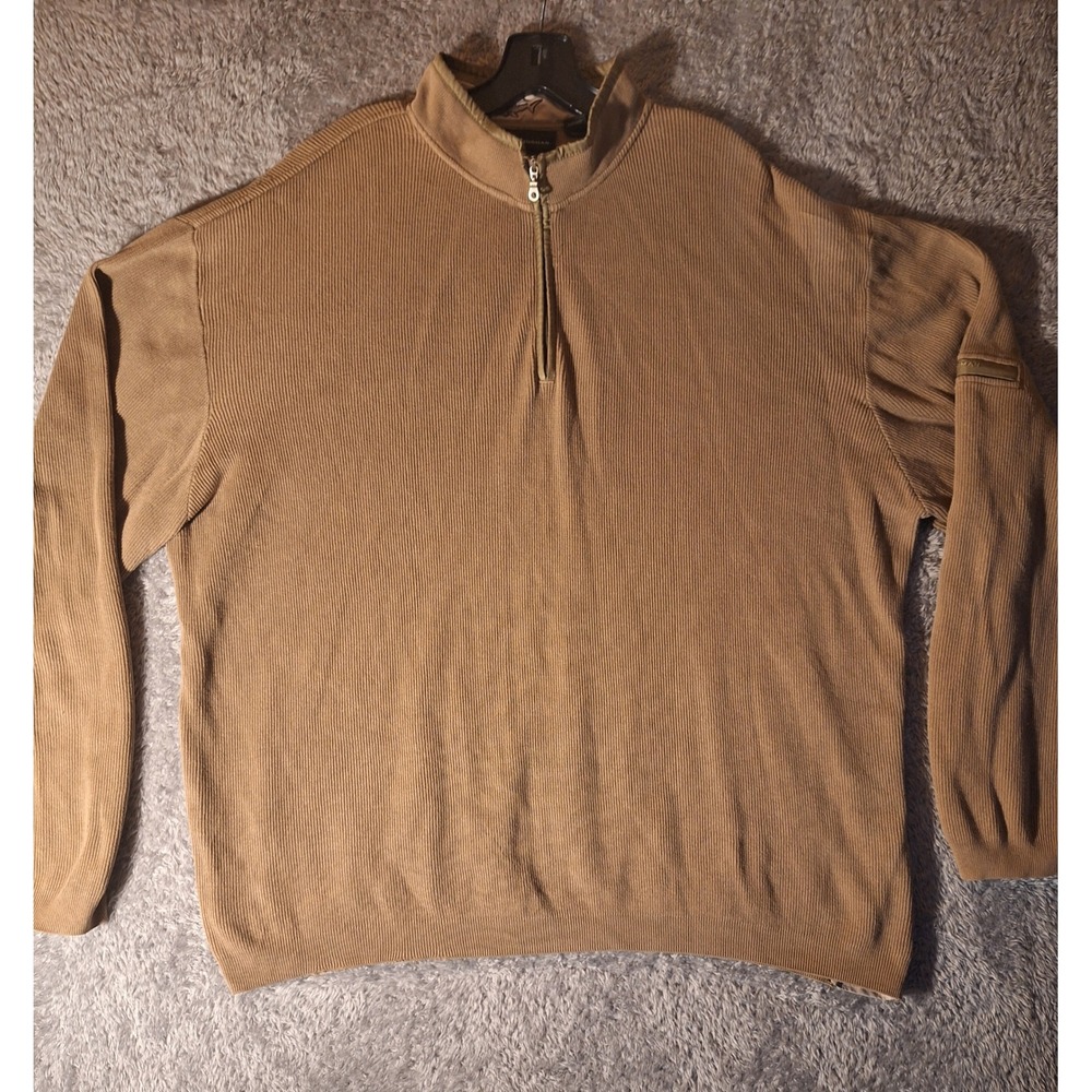 Greg Norman Mens XXL Camel Ribbed Sweater 1/4 Zip Pockets Fall Work Vintage 90s